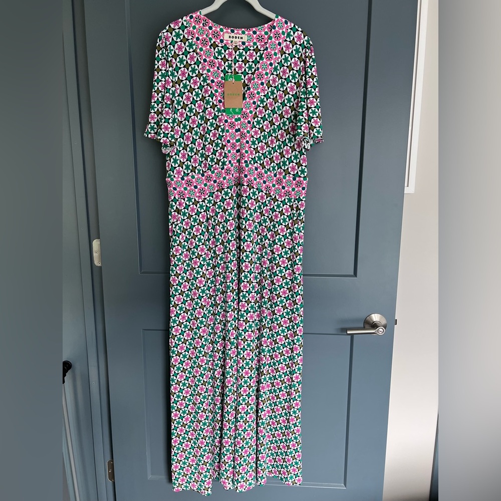 Boden NWT Flutter Sleeve Pink and Green Geometric Floral Maxi Dress Sz 14R
